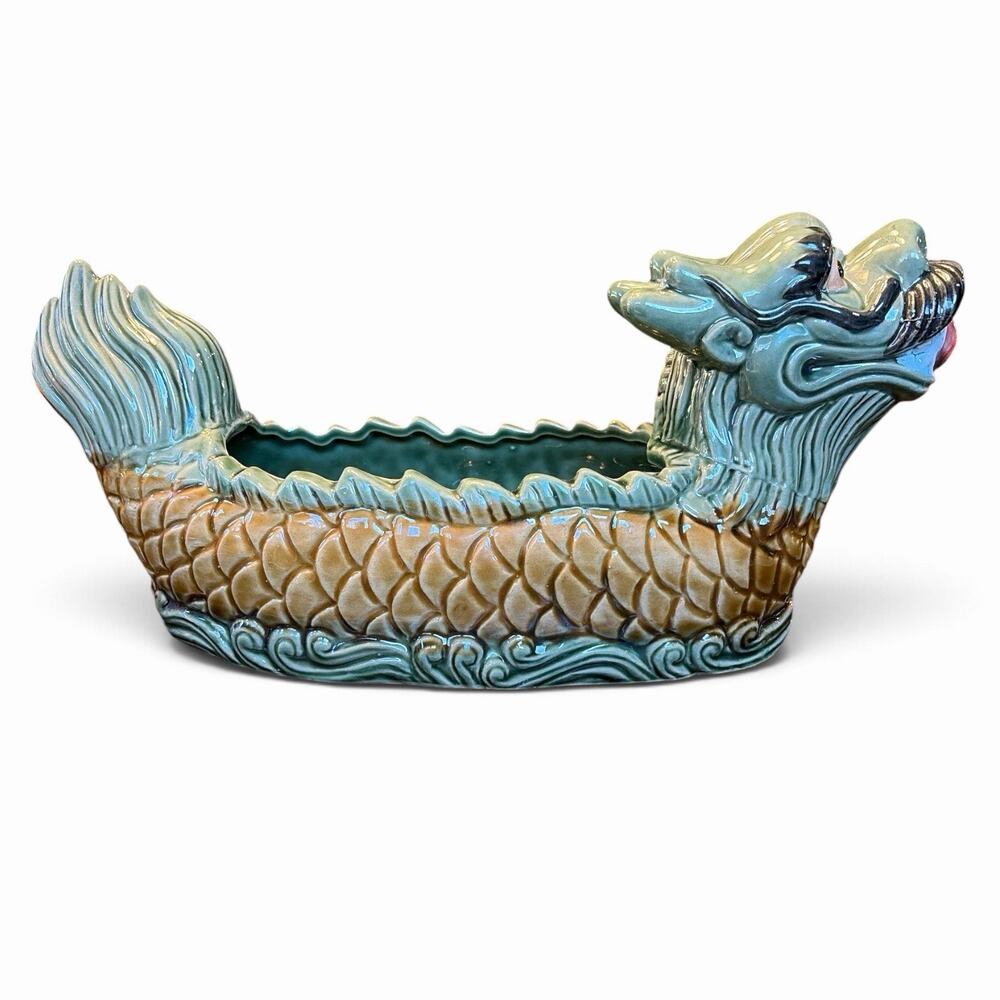 14" Asian Oriental Green Dragon with Fire Pearl in Mouth Bamboo Planter Pot Boat